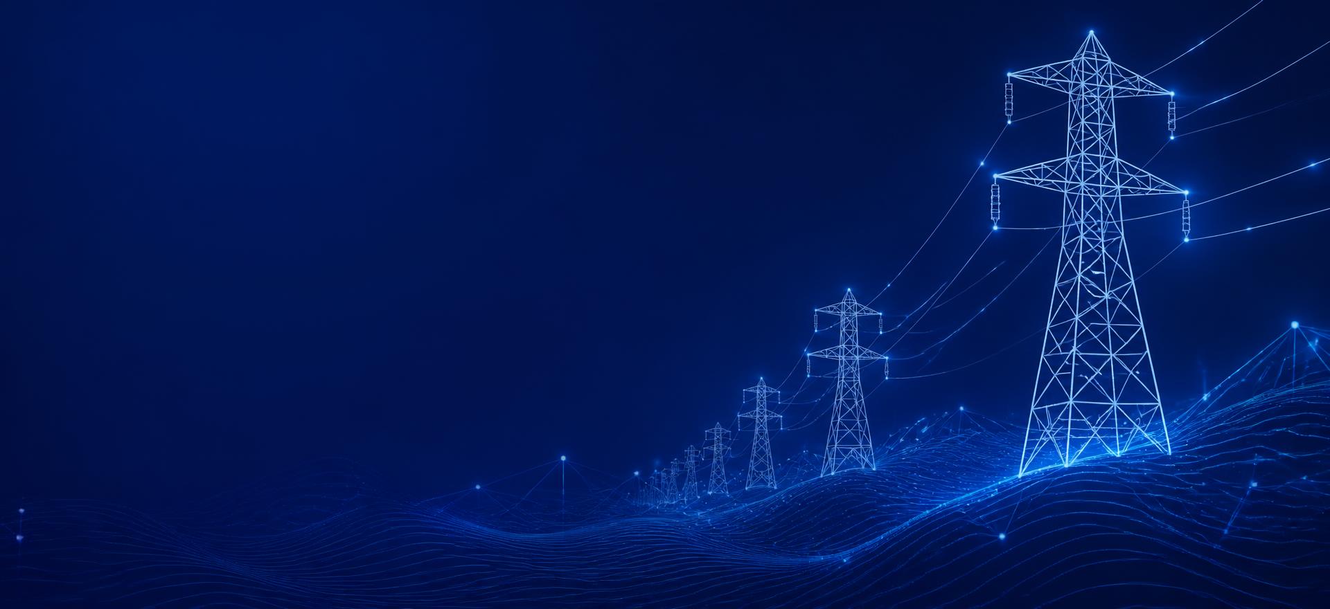Glowing wireframe transmission towers on a deep navy field
