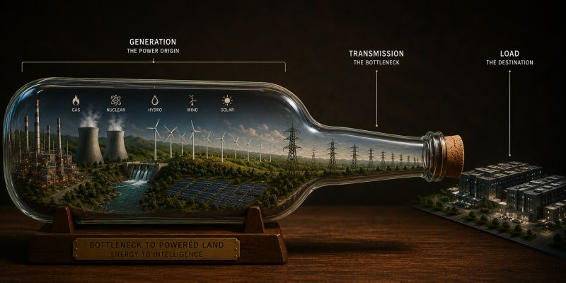 A ship in a bottle illustrating generation on one side, the narrow transmission neck in between, and load on the other
