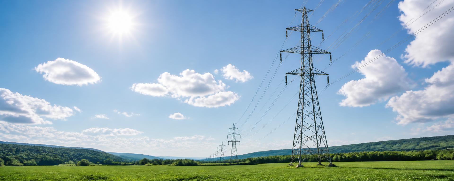 Transmission towers and power lines against a bright daytime sky