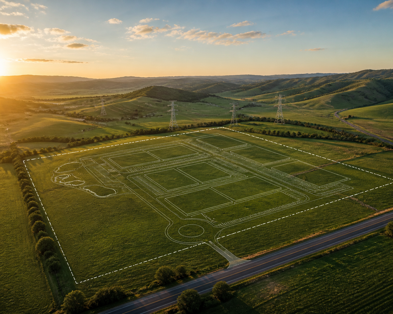 Planned infrastructure campus layout overlaid on the Great Plains greenfield tract