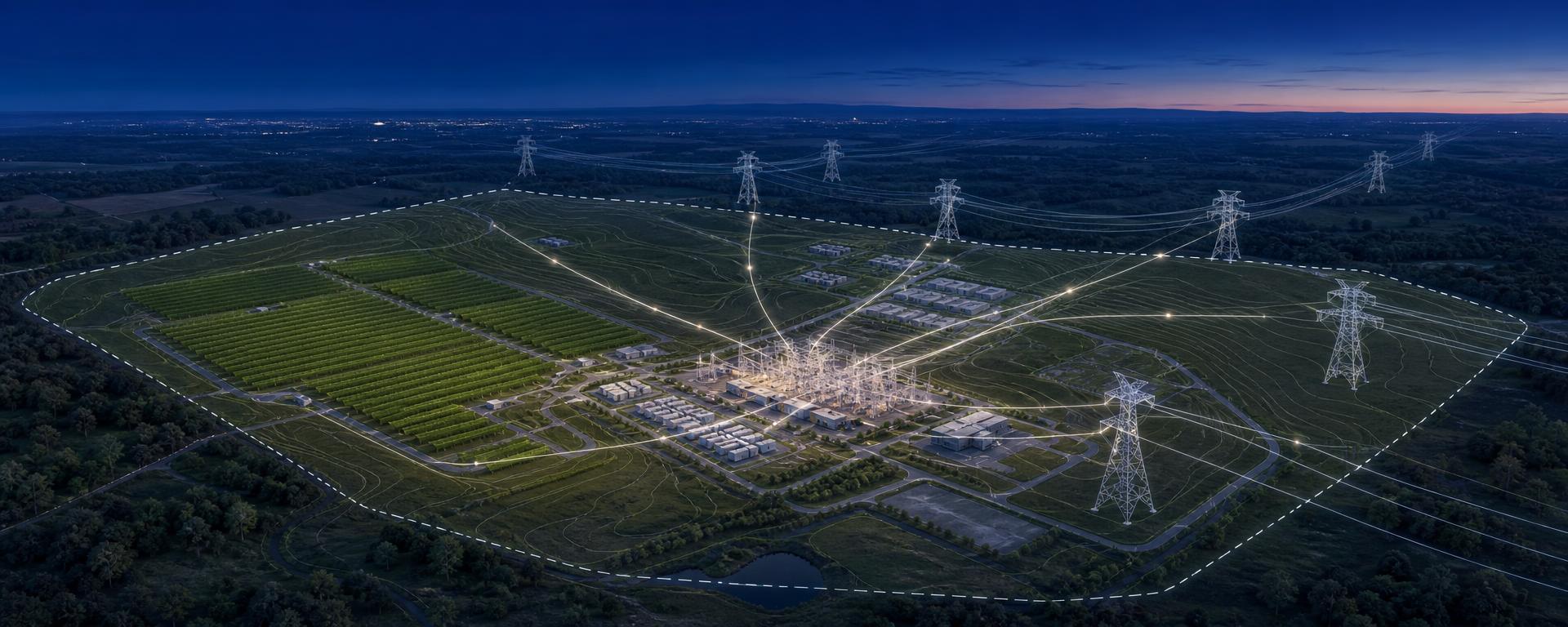 Aerial rendering of the Armadillo Energy Campus with transmission lines, solar arrays, and site boundary